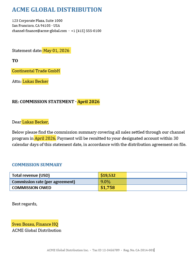 Commission statement for Continental Trade GmbH, April 2026