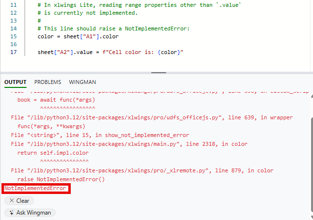 xlwings Lite code reading a cell's .color, with the output panel raising NotImplementedError