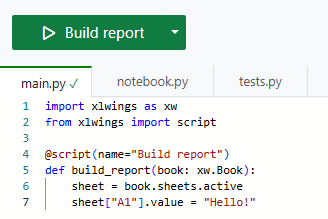 xlwings Lite panel showing the green Build report button next to main.py